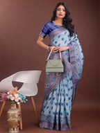 Shree Shyam Fashion Stylish Sky Blue Linen Cotton Saree with Woven Design - Lightweight Elegance for Everyday Grace | Grocsy