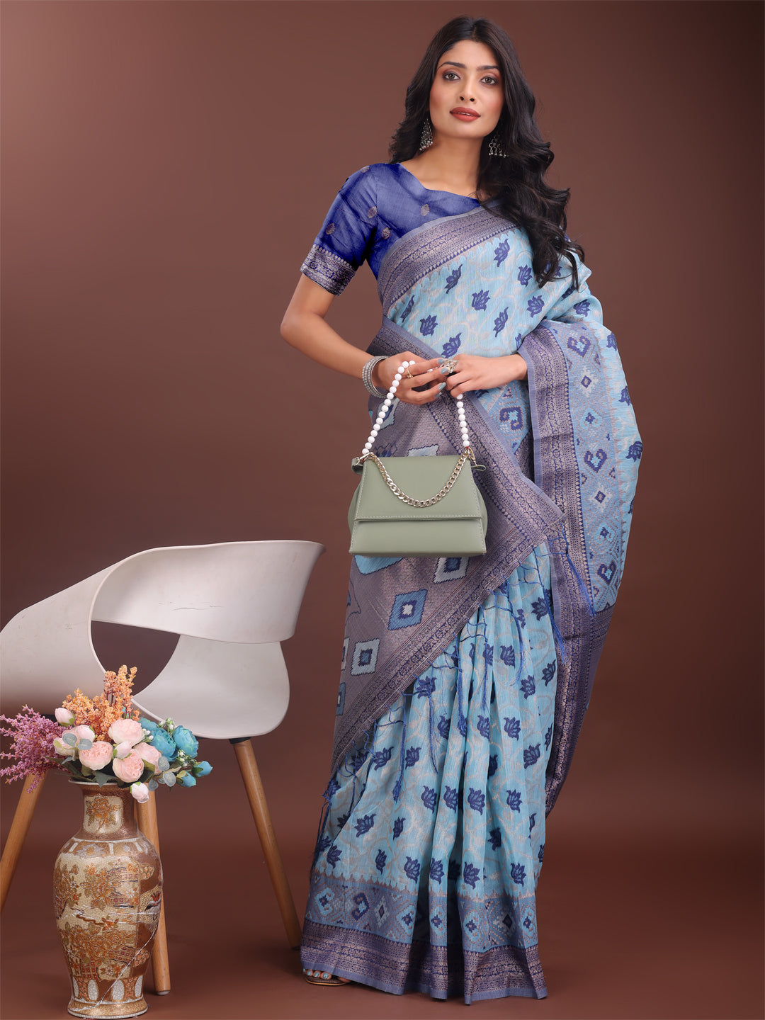 Shree Shyam Fashion Stylish Sky Blue Linen Cotton Saree with Woven Design - Lightweight Elegance for Everyday Grace | Grocsy