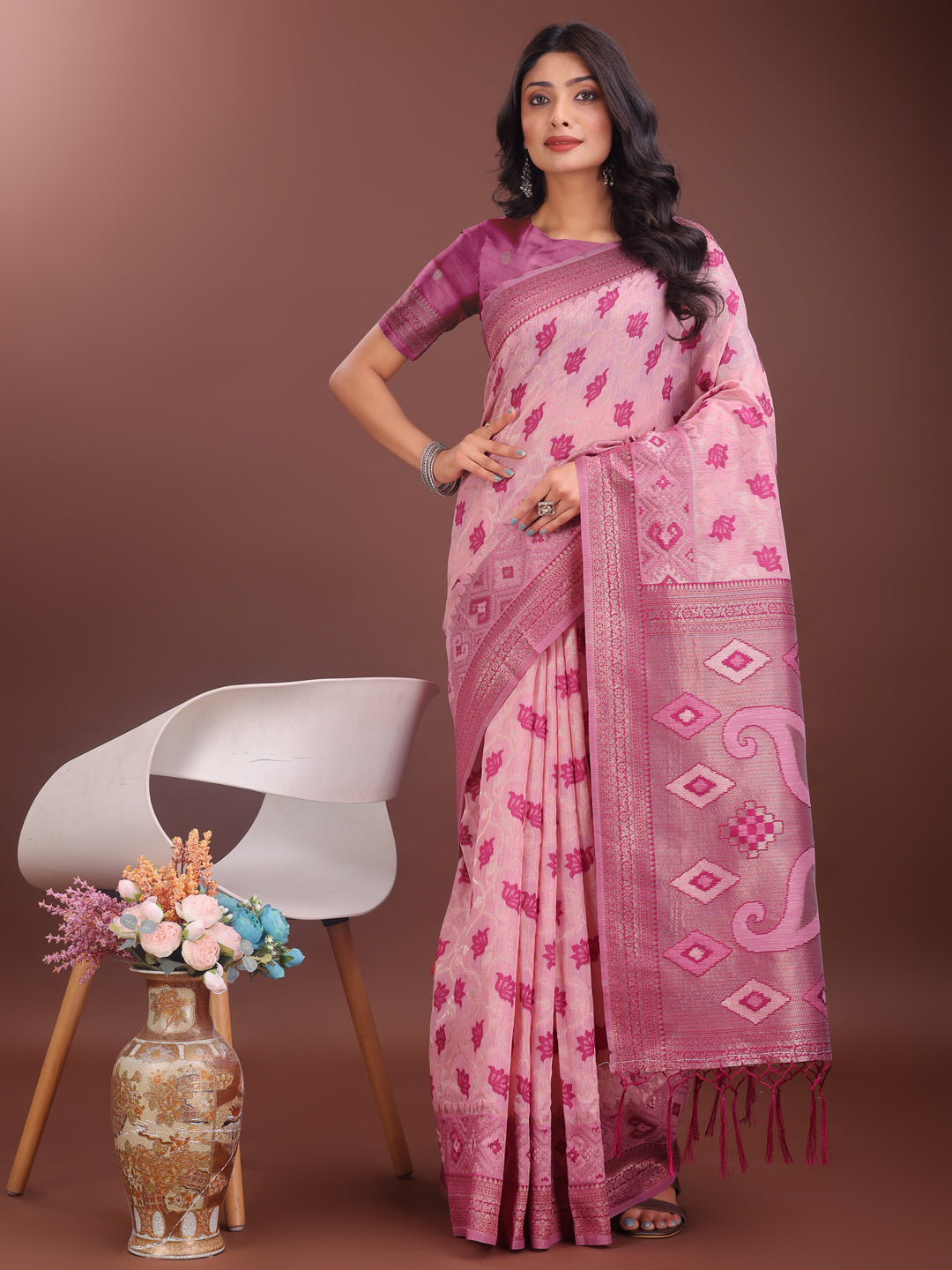 Shree Shyam Fashion Stylish Light Pink Linen Cotton Saree with Woven Design - Lightweight Elegance for Everyday Grace | Grocsy