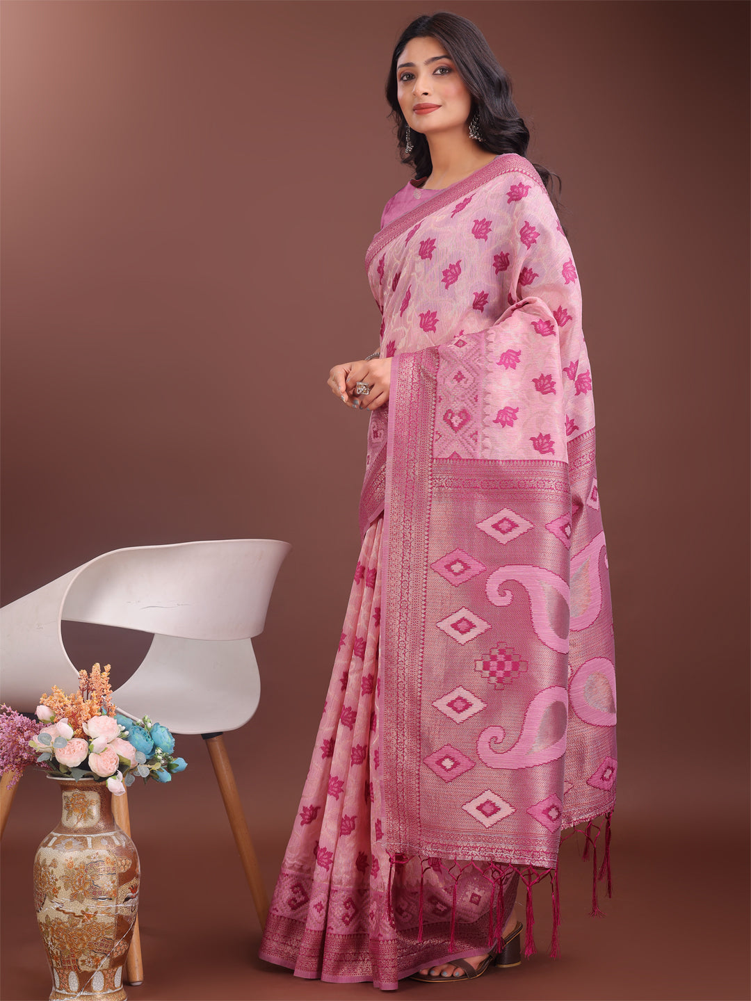 Shree Shyam Fashion Stylish Light Pink Linen Cotton Saree with Woven Design - Lightweight Elegance for Everyday Grace | Grocsy