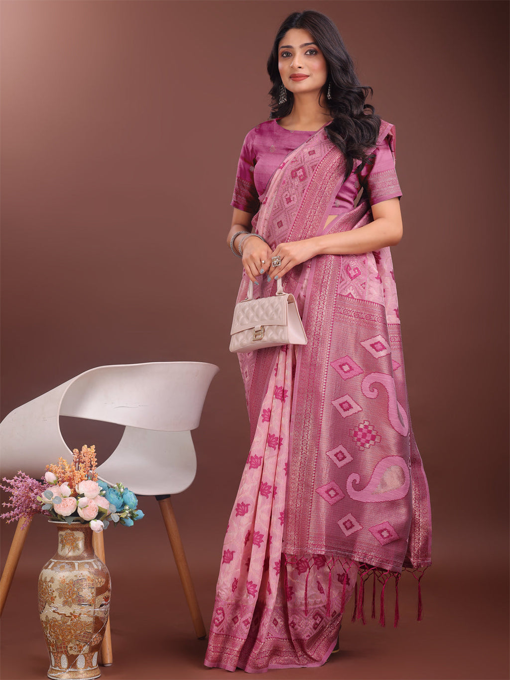 Shree Shyam Fashion Stylish Light Pink Linen Cotton Saree with Woven Design - Lightweight Elegance for Everyday Grace | Grocsy