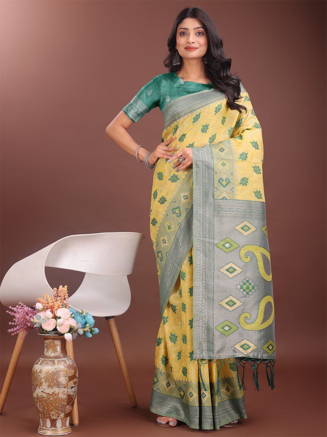 Shree Shyam Fashion Stylish Yellow Linen Cotton Saree with Woven Design - Lightweight Elegance for Everyday Grace | Grocsy