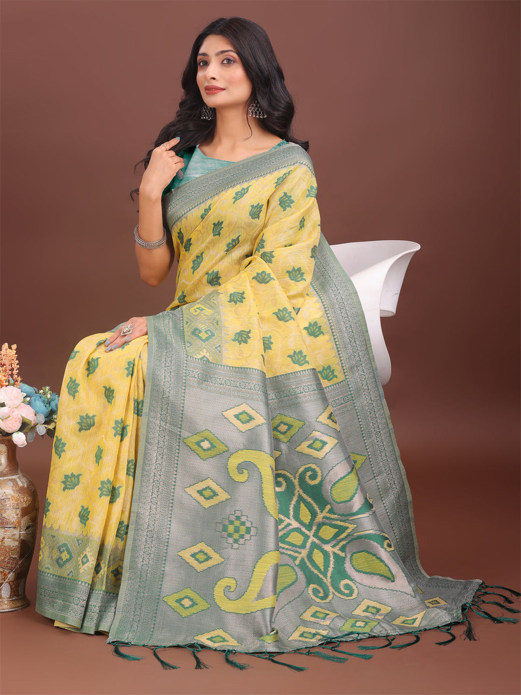 Shree Shyam Fashion Stylish Yellow Linen Cotton Saree with Woven Design - Lightweight Elegance for Everyday Grace | Grocsy