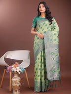 Shree Shyam Fashion Stylish Light Green Linen Cotton Saree with Woven Design - Lightweight Elegance for Everyday Grace | Grocsy