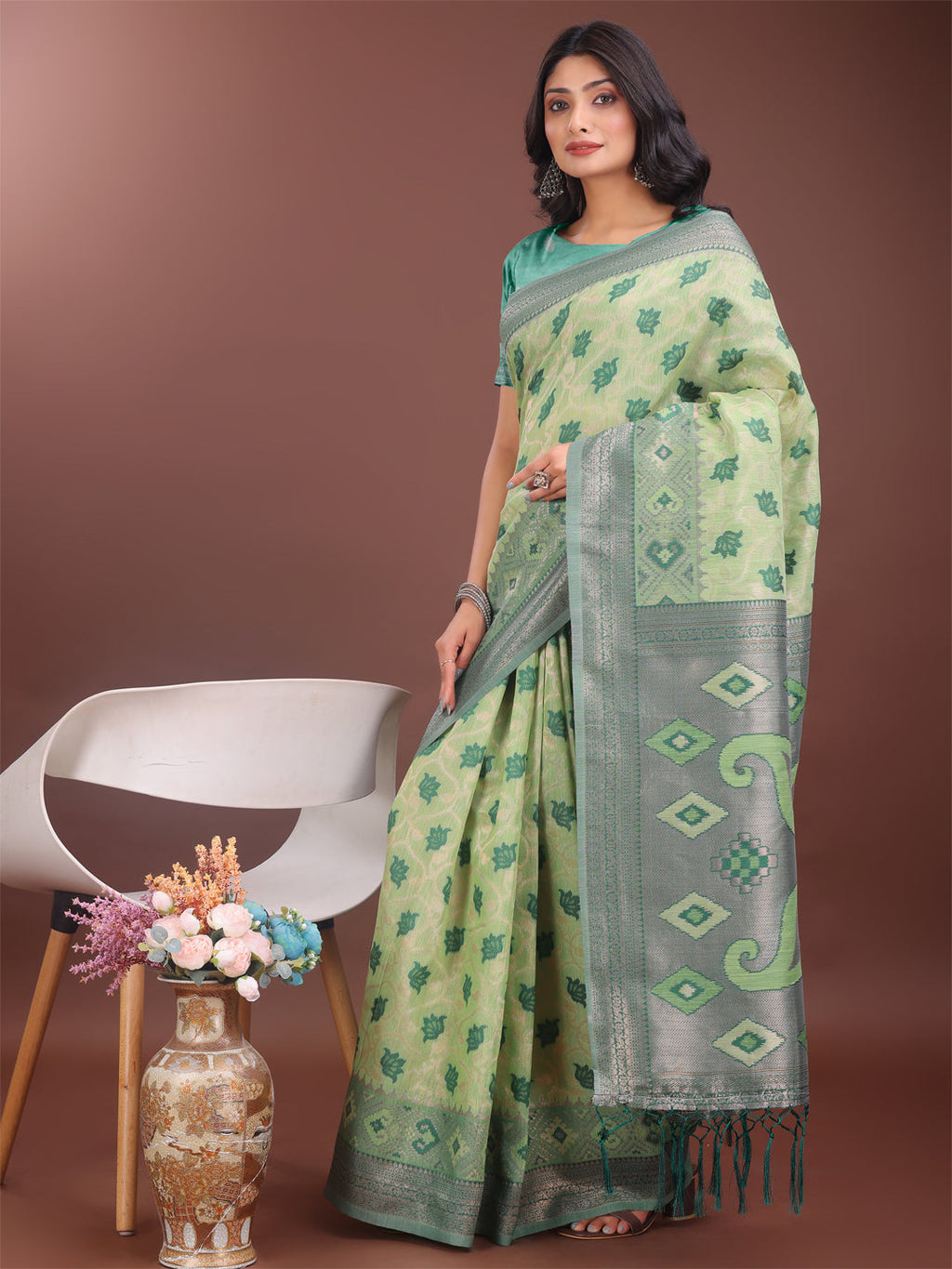 Shree Shyam Fashion Stylish Light Green Linen Cotton Saree with Woven Design - Lightweight Elegance for Everyday Grace | Grocsy