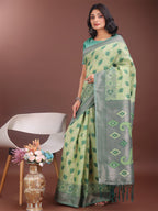 Shree Shyam Fashion Stylish Light Green Linen Cotton Saree with Woven Design - Lightweight Elegance for Everyday Grace | Grocsy