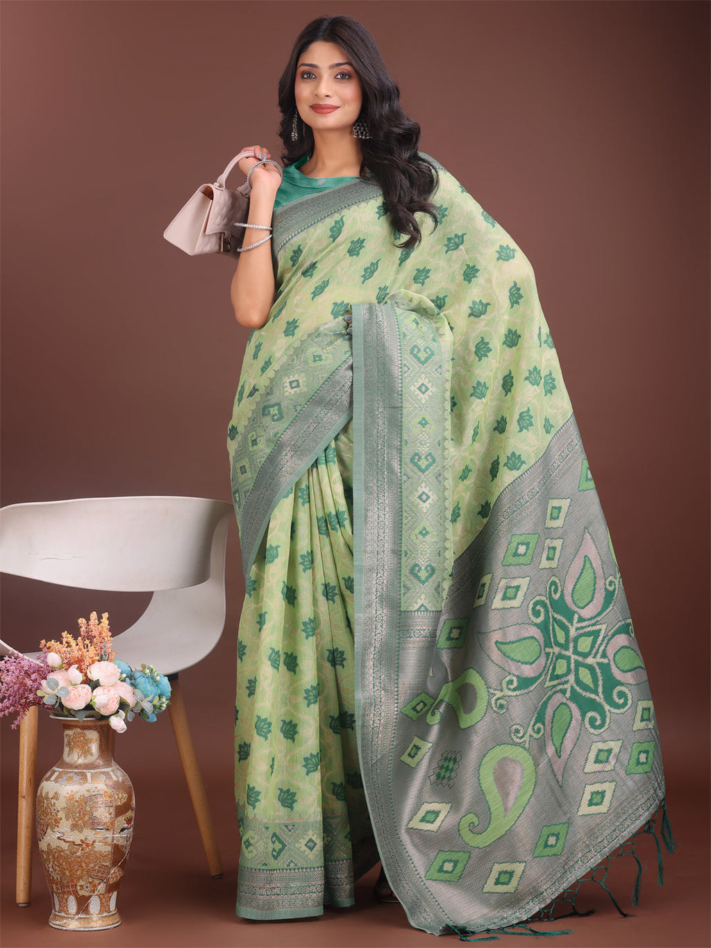 Shree Shyam Fashion Stylish Light Green Linen Cotton Saree with Woven Design - Lightweight Elegance for Everyday Grace | Grocsy