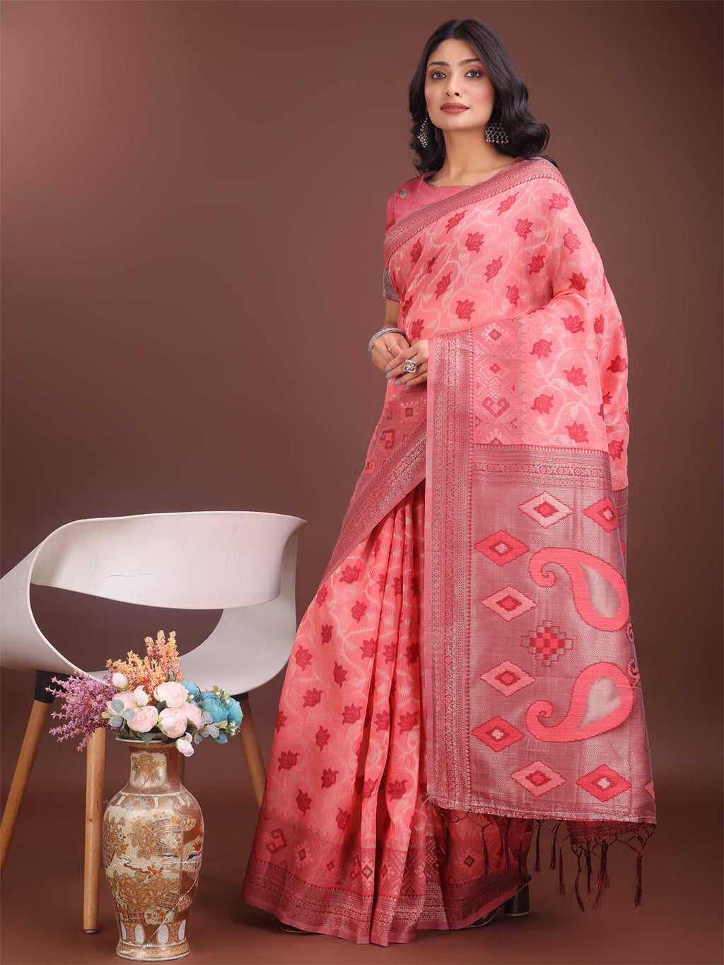 Shree Shyam Fashion Stylish Peach Linen Cotton Saree with Woven Design - Lightweight Elegance for Everyday Grace | Grocsy