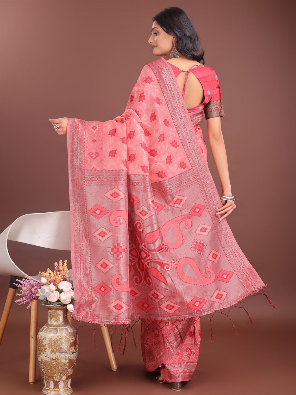 Shree Shyam Fashion Stylish Peach Linen Cotton Saree with Woven Design - Lightweight Elegance for Everyday Grace | Grocsy