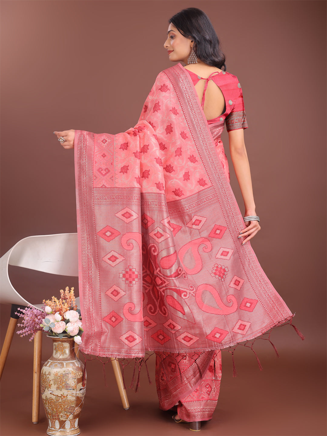 Shree Shyam Fashion Stylish Peach Linen Cotton Saree with Woven Design - Lightweight Elegance for Everyday Grace | Grocsy