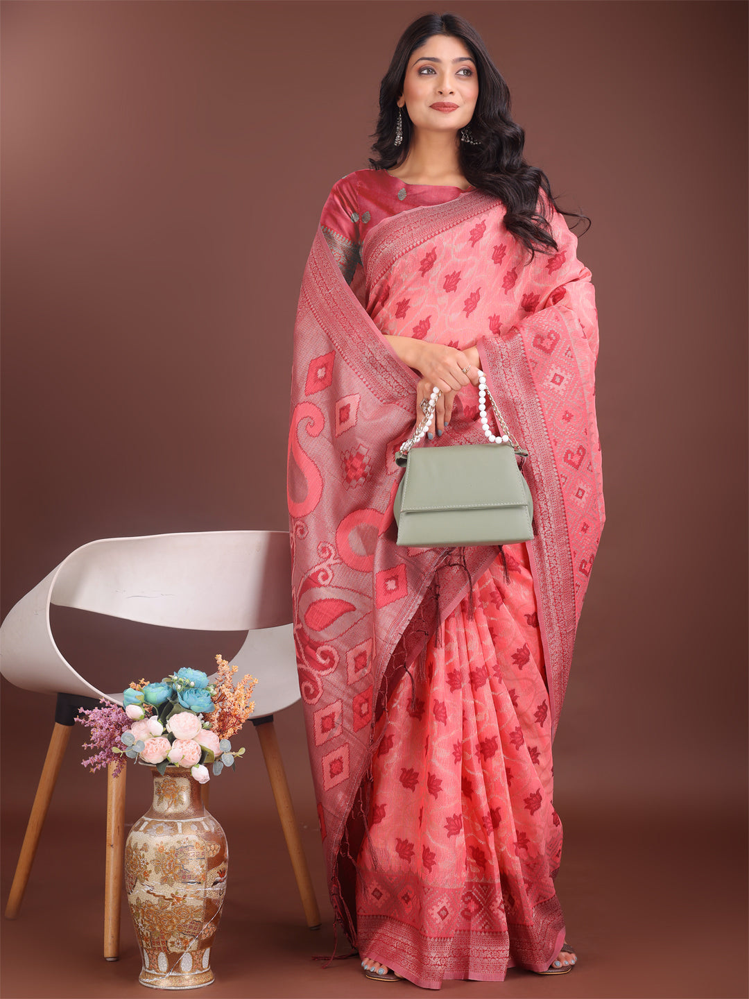 Shree Shyam Fashion Stylish Peach Linen Cotton Saree with Woven Design - Lightweight Elegance for Everyday Grace | Grocsy