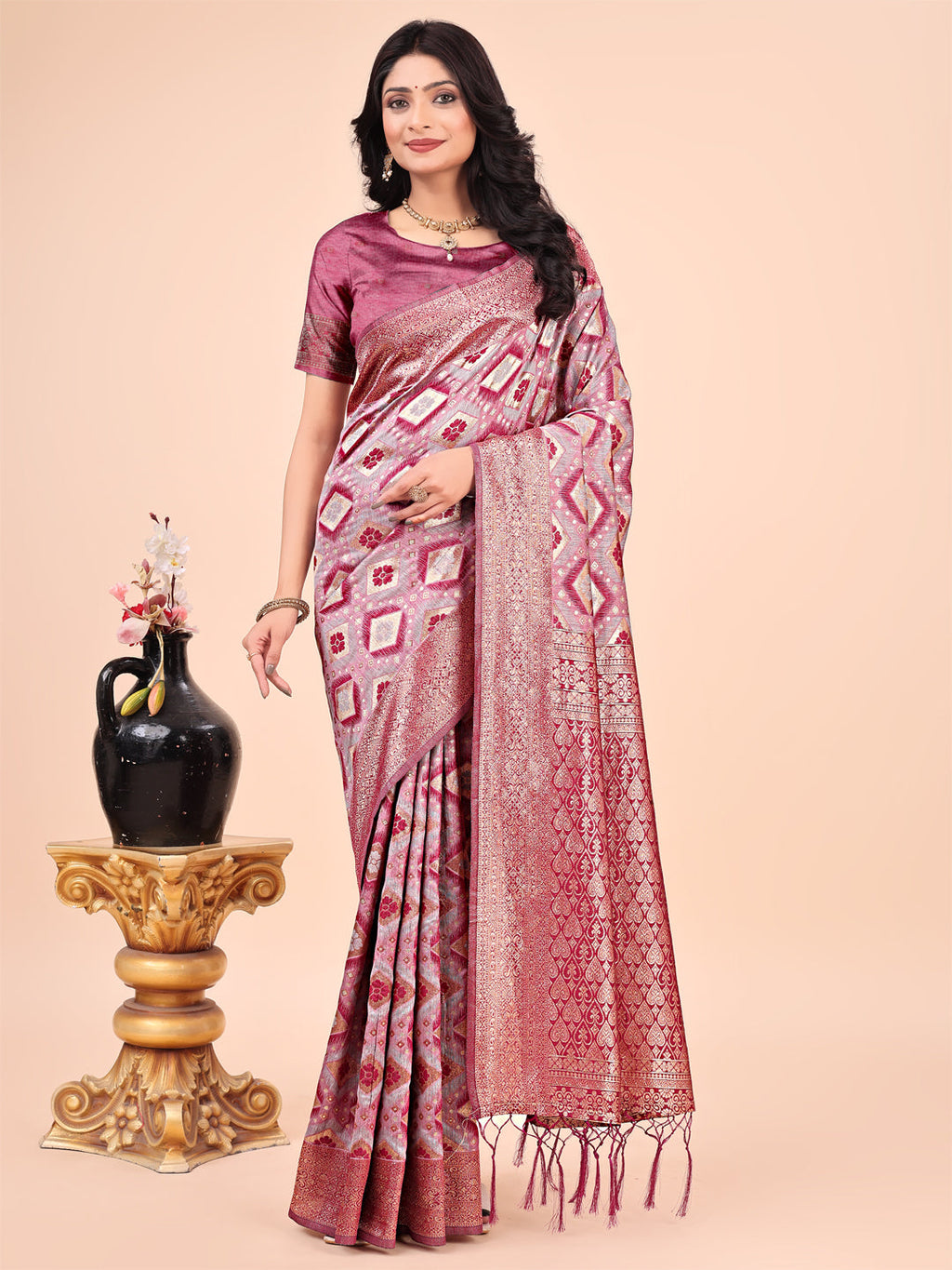 Shree Shyam Fashion Graceful Pink Lichi Silk Saree with Contrast Blue Woven Border & Floral Zari Design - Wedding & Festive Wear | Grocsy
