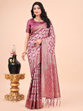 Shree Shyam Fashion Graceful Pink Lichi Silk Saree with Contrast Blue Woven Border & Floral Zari Design - Wedding & Festive Wear | Grocsy