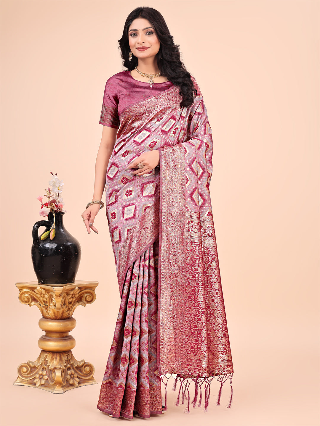 Shree Shyam Fashion Graceful Pink Lichi Silk Saree with Contrast Blue Woven Border & Floral Zari Design - Wedding & Festive Wear | Grocsy