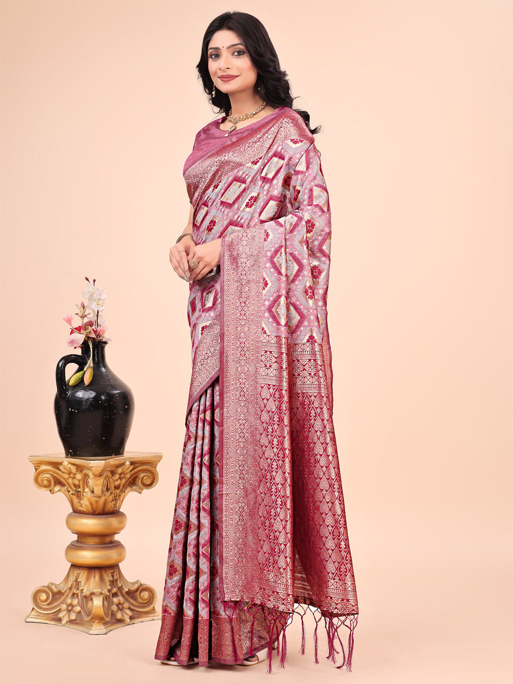 Shree Shyam Fashion Graceful Pink Lichi Silk Saree with Contrast Blue Woven Border & Floral Zari Design - Wedding & Festive Wear | Grocsy