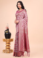 Shree Shyam Fashion Graceful Pink Lichi Silk Saree with Contrast Blue Woven Border & Floral Zari Design - Wedding & Festive Wear | Grocsy