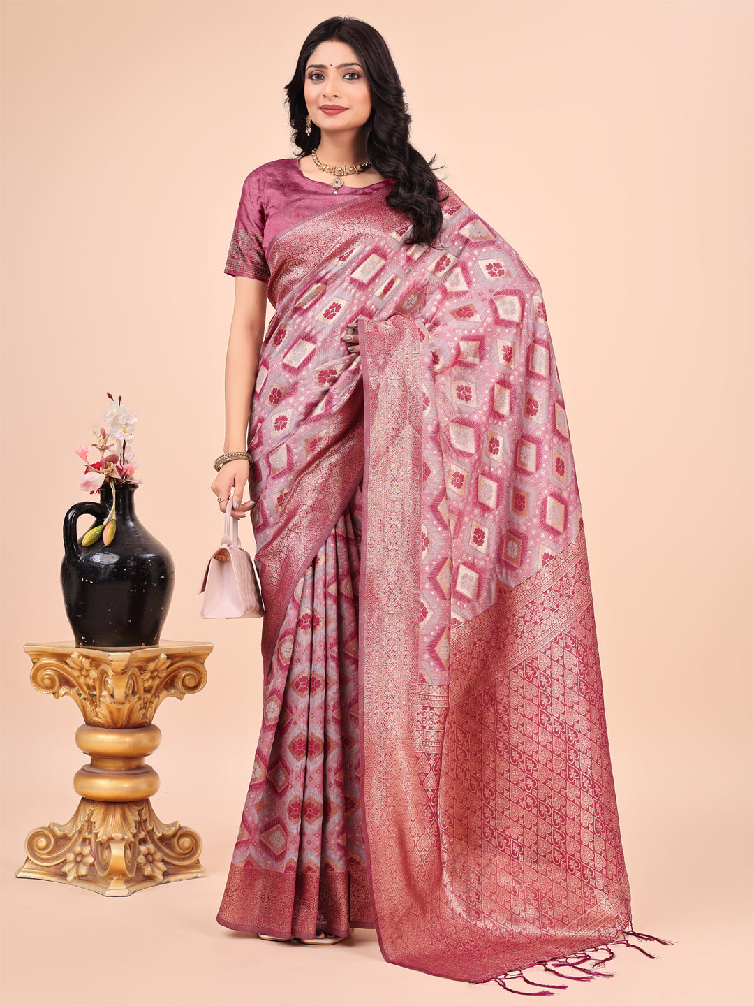 Shree Shyam Fashion Graceful Pink Lichi Silk Saree with Contrast Blue Woven Border & Floral Zari Design - Wedding & Festive Wear | Grocsy