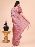 Shree Shyam Fashion Graceful Pink Lichi Silk Saree with Contrast Blue Woven Border & Floral Zari Design - Wedding & Festive Wear | Grocsy