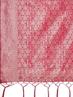 Shree Shyam Fashion Graceful Pink Lichi Silk Saree with Contrast Blue Woven Border & Floral Zari Design - Wedding & Festive Wear | Grocsy