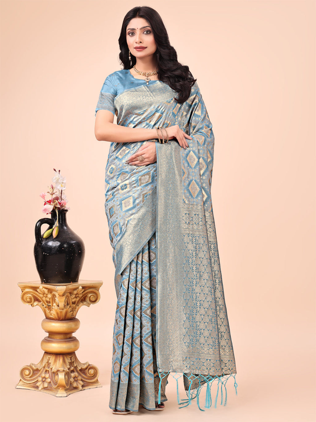 Shree Shyam Fashion Graceful Sky Blue Lichi Silk Saree with Contrast Blue Woven Border & Floral Zari Design - Wedding & Festive Wear | Grocsy
