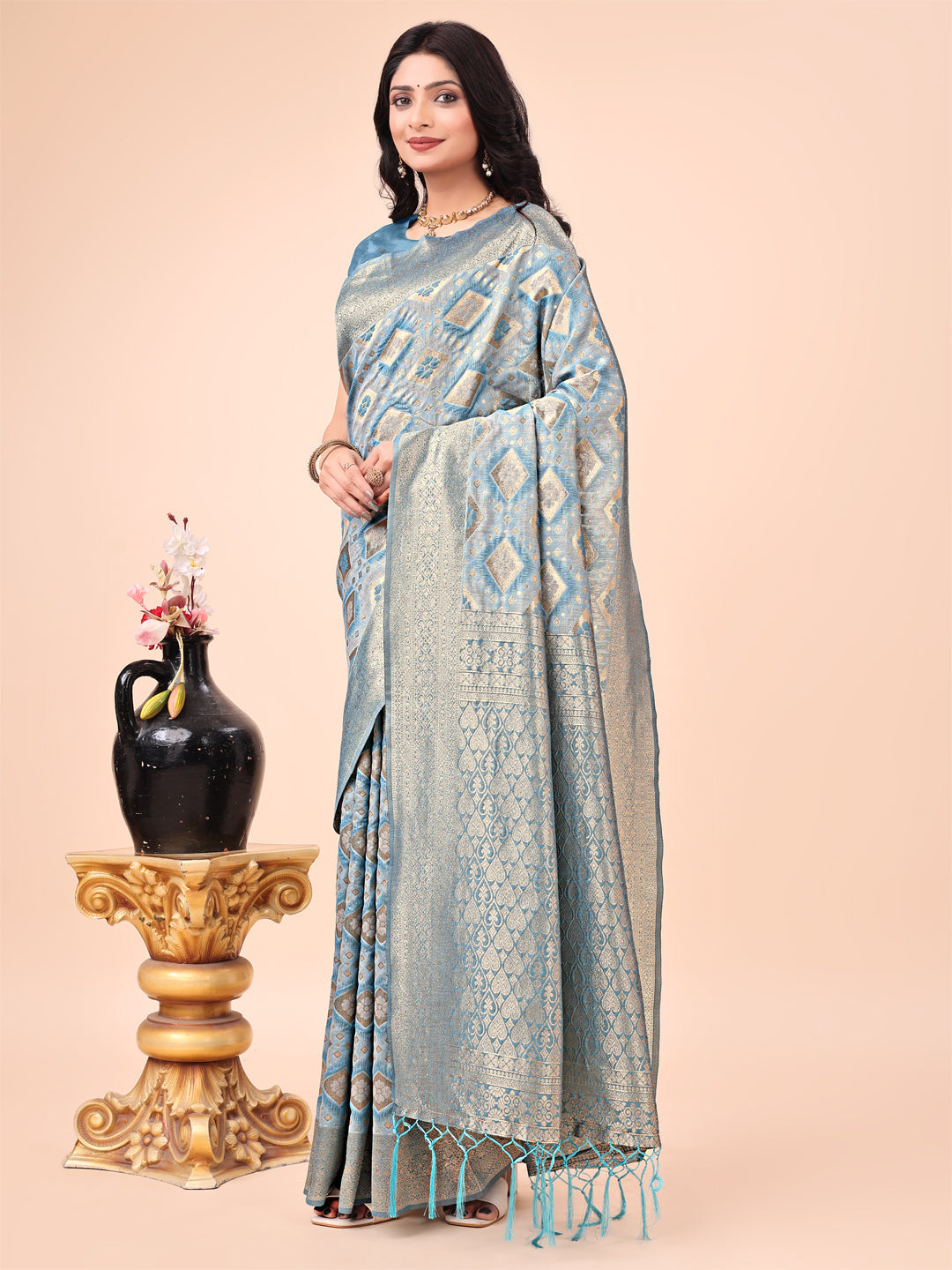 Shree Shyam Fashion Graceful Sky Blue Lichi Silk Saree with Contrast Blue Woven Border & Floral Zari Design - Wedding & Festive Wear | Grocsy