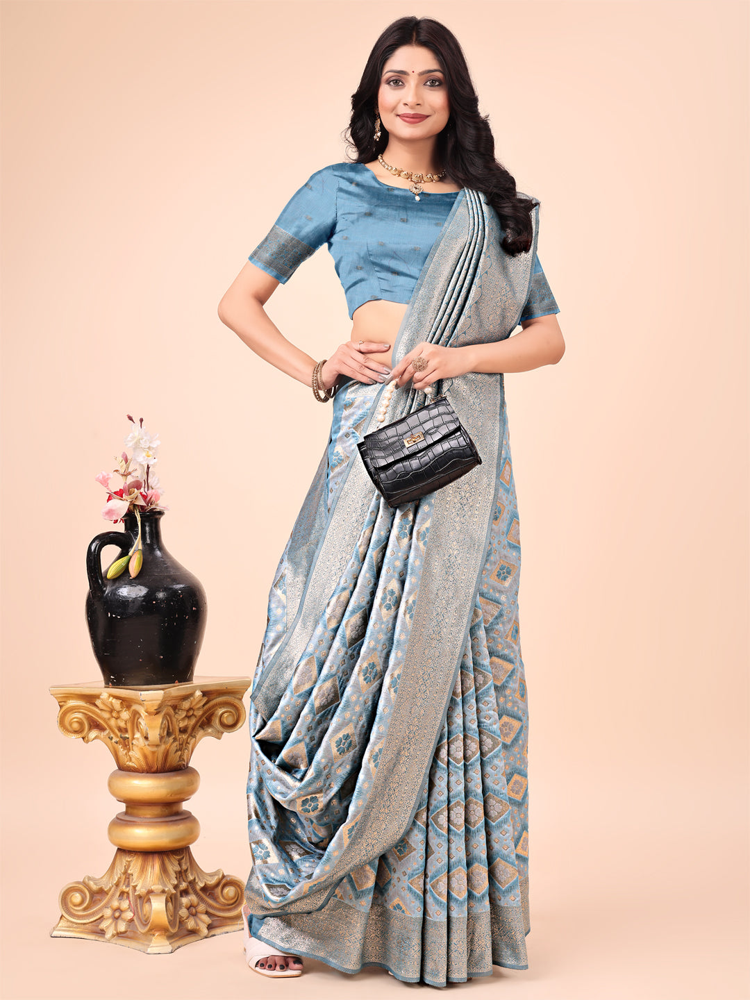 Shree Shyam Fashion Graceful Sky Blue Lichi Silk Saree with Contrast Blue Woven Border & Floral Zari Design - Wedding & Festive Wear | Grocsy