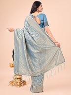 Shree Shyam Fashion Graceful Sky Blue Lichi Silk Saree with Contrast Blue Woven Border & Floral Zari Design - Wedding & Festive Wear | Grocsy
