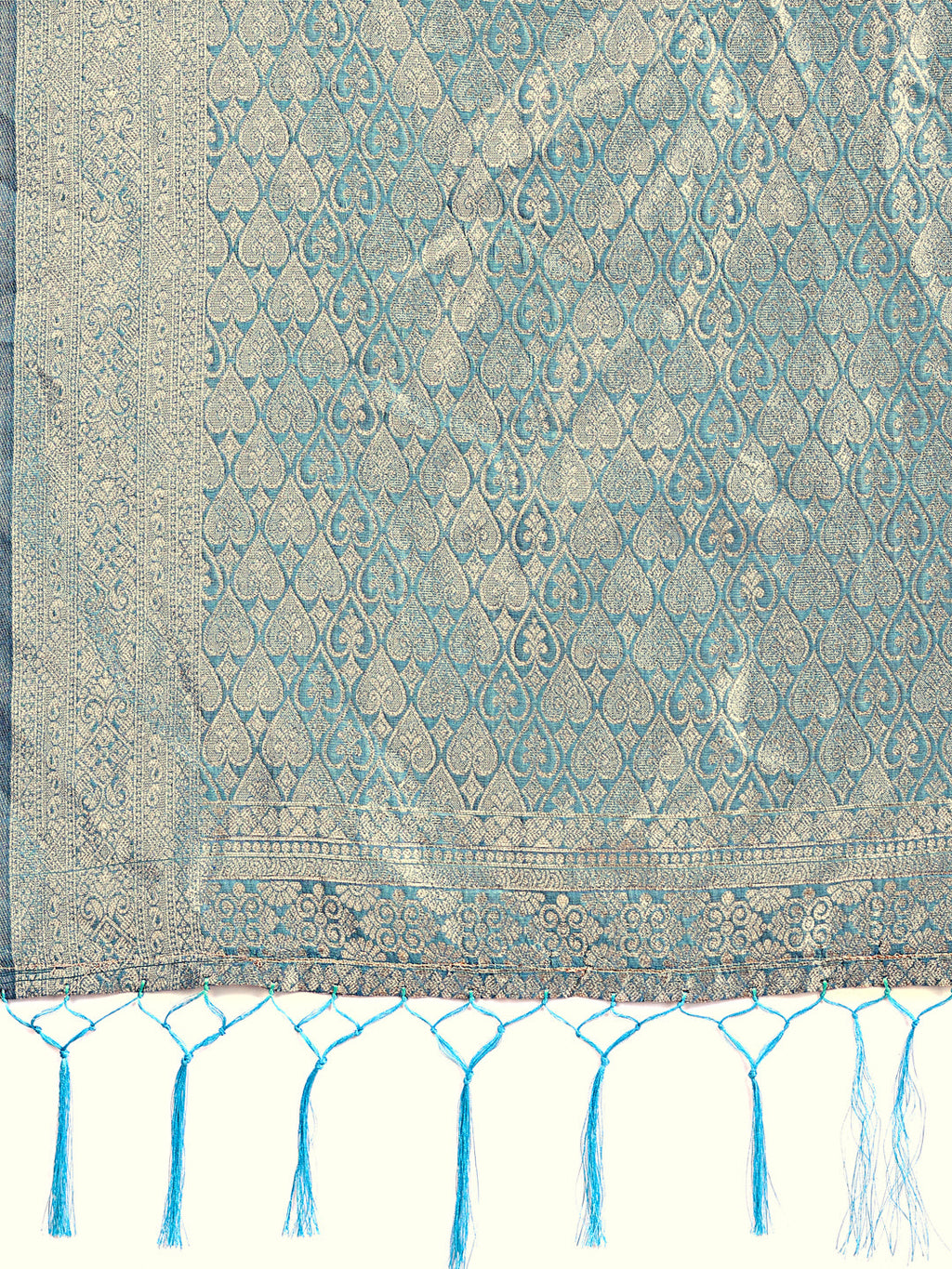 Shree Shyam Fashion Graceful Sky Blue Lichi Silk Saree with Contrast Blue Woven Border & Floral Zari Design - Wedding & Festive Wear | Grocsy