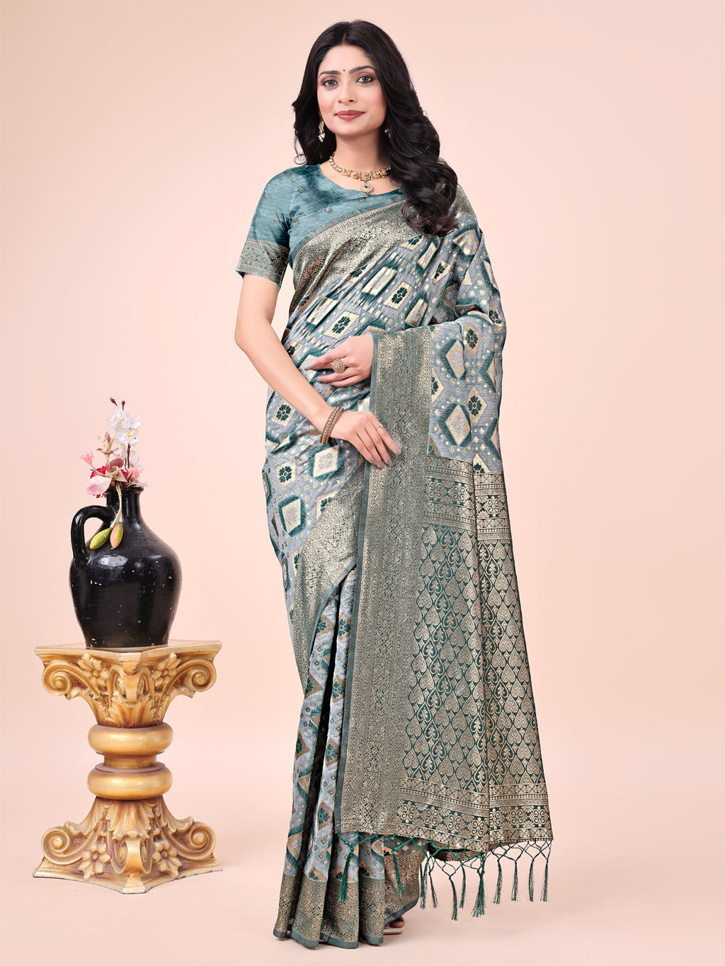 Shree Shyam Fashion Graceful Green Lichi Silk Saree with Contrast Blue Woven Border & Floral Zari Design - Wedding & Festive Wear | Grocsy