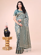 Shree Shyam Fashion Graceful Green Lichi Silk Saree with Contrast Blue Woven Border & Floral Zari Design - Wedding & Festive Wear | Grocsy