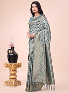Shree Shyam Fashion Graceful Green Lichi Silk Saree with Contrast Blue Woven Border & Floral Zari Design - Wedding & Festive Wear | Grocsy