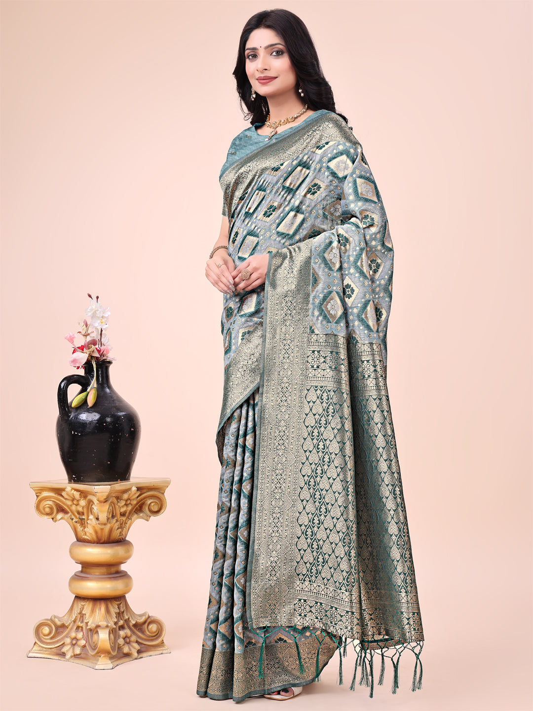 Shree Shyam Fashion Graceful Green Lichi Silk Saree with Contrast Blue Woven Border & Floral Zari Design - Wedding & Festive Wear | Grocsy