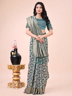 Shree Shyam Fashion Graceful Green Lichi Silk Saree with Contrast Blue Woven Border & Floral Zari Design - Wedding & Festive Wear | Grocsy