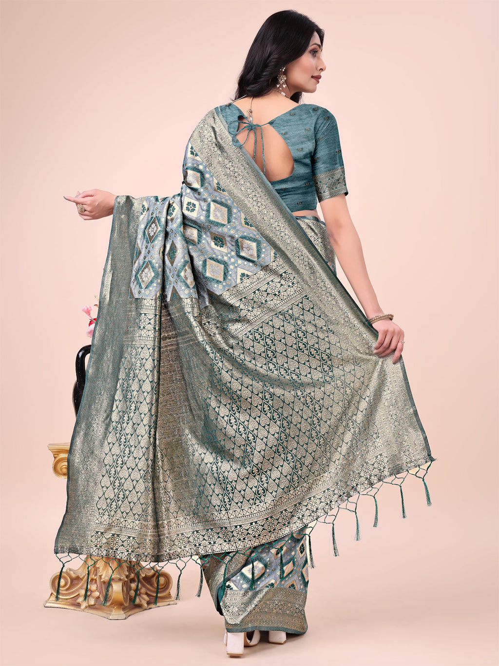 Shree Shyam Fashion Graceful Green Lichi Silk Saree with Contrast Blue Woven Border & Floral Zari Design - Wedding & Festive Wear | Grocsy