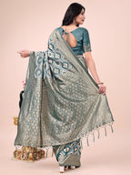 Shree Shyam Fashion Graceful Green Lichi Silk Saree with Contrast Blue Woven Border & Floral Zari Design - Wedding & Festive Wear | Grocsy