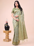 Shree Shyam Fashion Graceful Mehndi Green Lichi Silk Saree with Contrast Blue Woven Border & Floral Zari Design - Wedding & Festive Wear | Grocsy