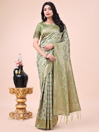 Shree Shyam Fashion Graceful Mehndi Green Lichi Silk Saree with Contrast Blue Woven Border & Floral Zari Design - Wedding & Festive Wear | Grocsy