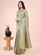 Shree Shyam Fashion Graceful Mehndi Green Lichi Silk Saree with Contrast Blue Woven Border & Floral Zari Design - Wedding & Festive Wear | Grocsy