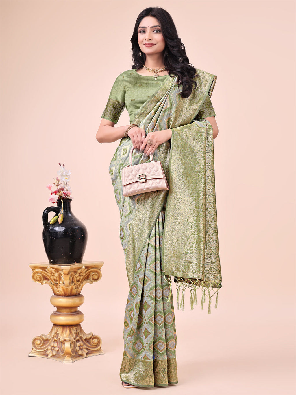 Shree Shyam Fashion Graceful Mehndi Green Lichi Silk Saree with Contrast Blue Woven Border & Floral Zari Design - Wedding & Festive Wear | Grocsy