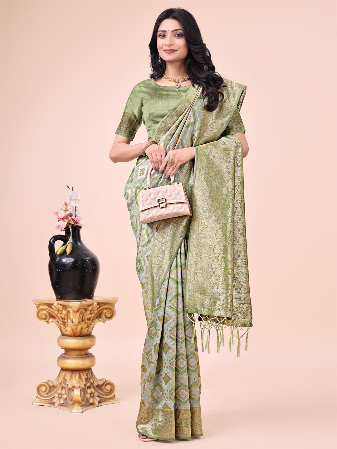 Shree Shyam Fashion Graceful Mehndi Green Lichi Silk Saree with Contrast Blue Woven Border & Floral Zari Design - Wedding & Festive Wear | Grocsy