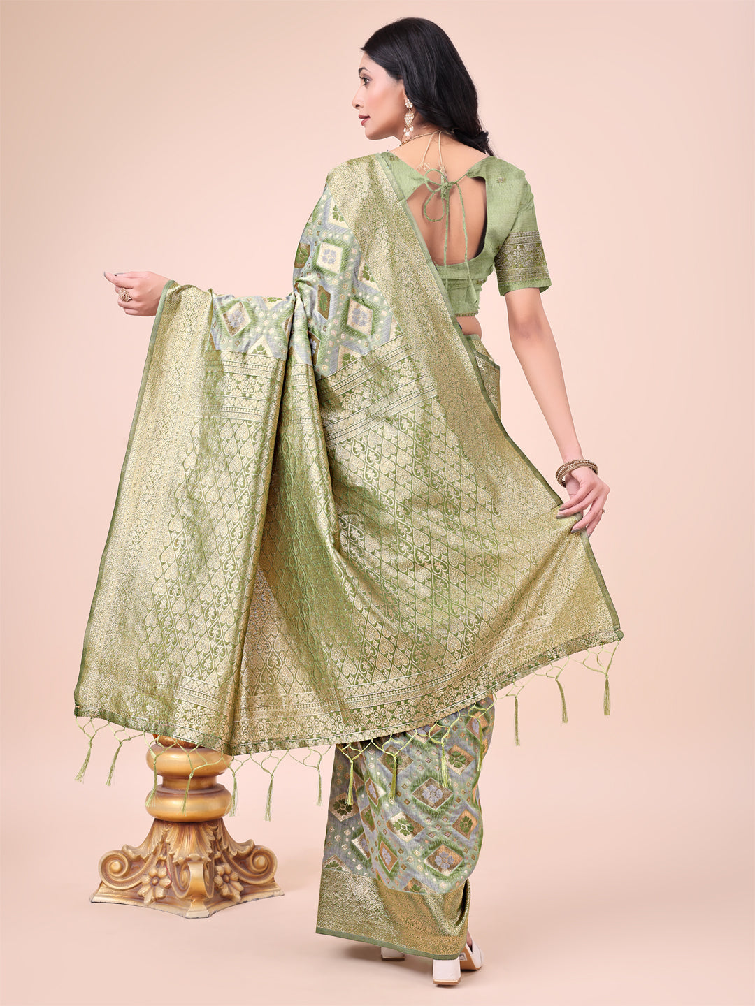 Shree Shyam Fashion Graceful Mehndi Green Lichi Silk Saree with Contrast Blue Woven Border & Floral Zari Design - Wedding & Festive Wear | Grocsy