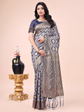 Shree Shyam Fashion Graceful Navy Blue Lichi Silk Saree with Contrast Blue Woven Border & Floral Zari Design - Wedding & Festive Wear | Grocsy