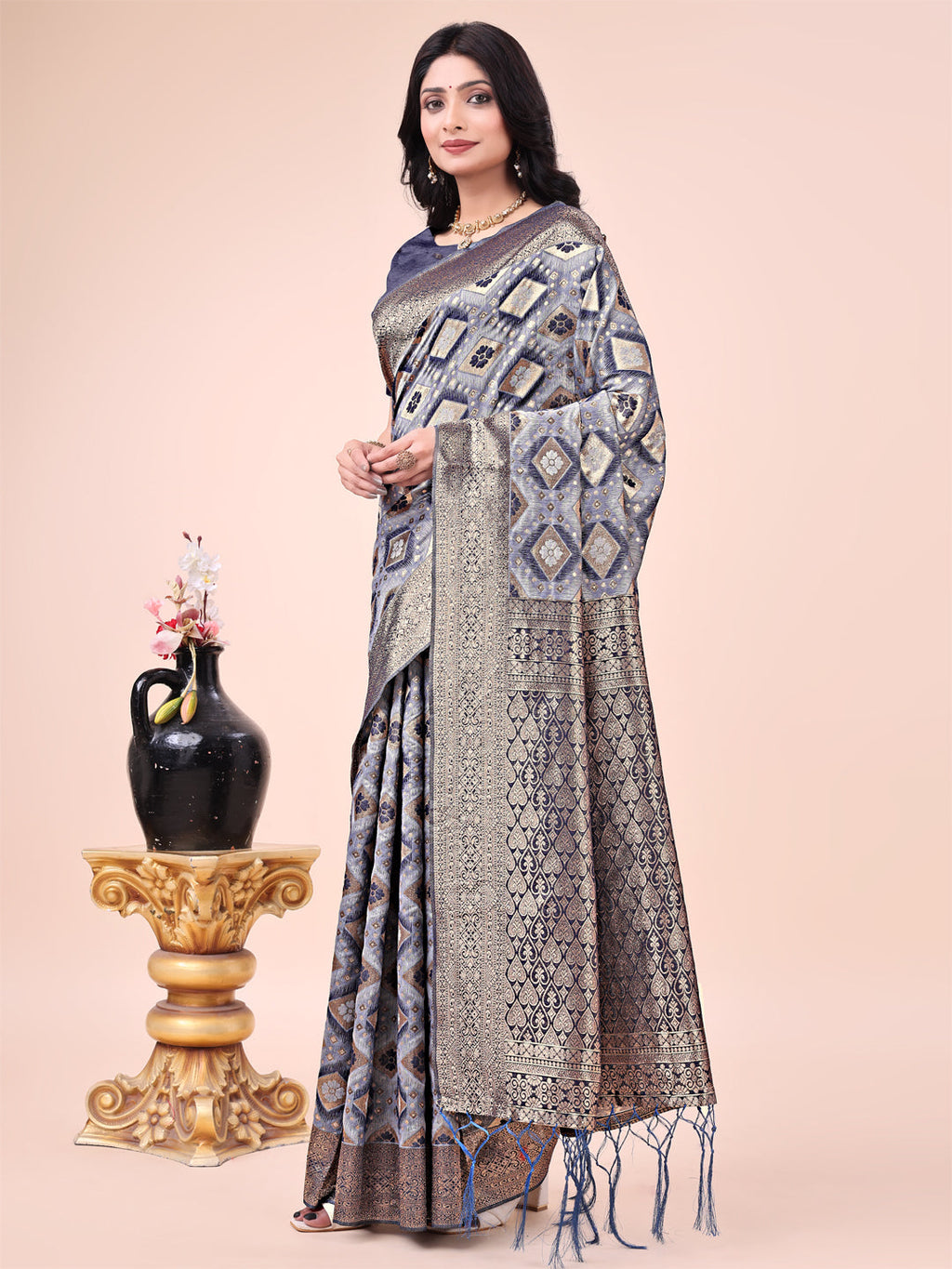 Shree Shyam Fashion Graceful Navy Blue Lichi Silk Saree with Contrast Blue Woven Border & Floral Zari Design - Wedding & Festive Wear | Grocsy