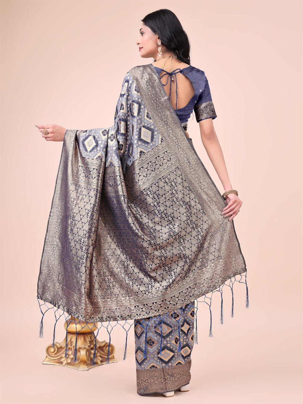 Shree Shyam Fashion Graceful Navy Blue Lichi Silk Saree with Contrast Blue Woven Border & Floral Zari Design - Wedding & Festive Wear | Grocsy