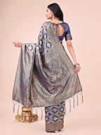 Shree Shyam Fashion Graceful Navy Blue Lichi Silk Saree with Contrast Blue Woven Border & Floral Zari Design - Wedding & Festive Wear | Grocsy