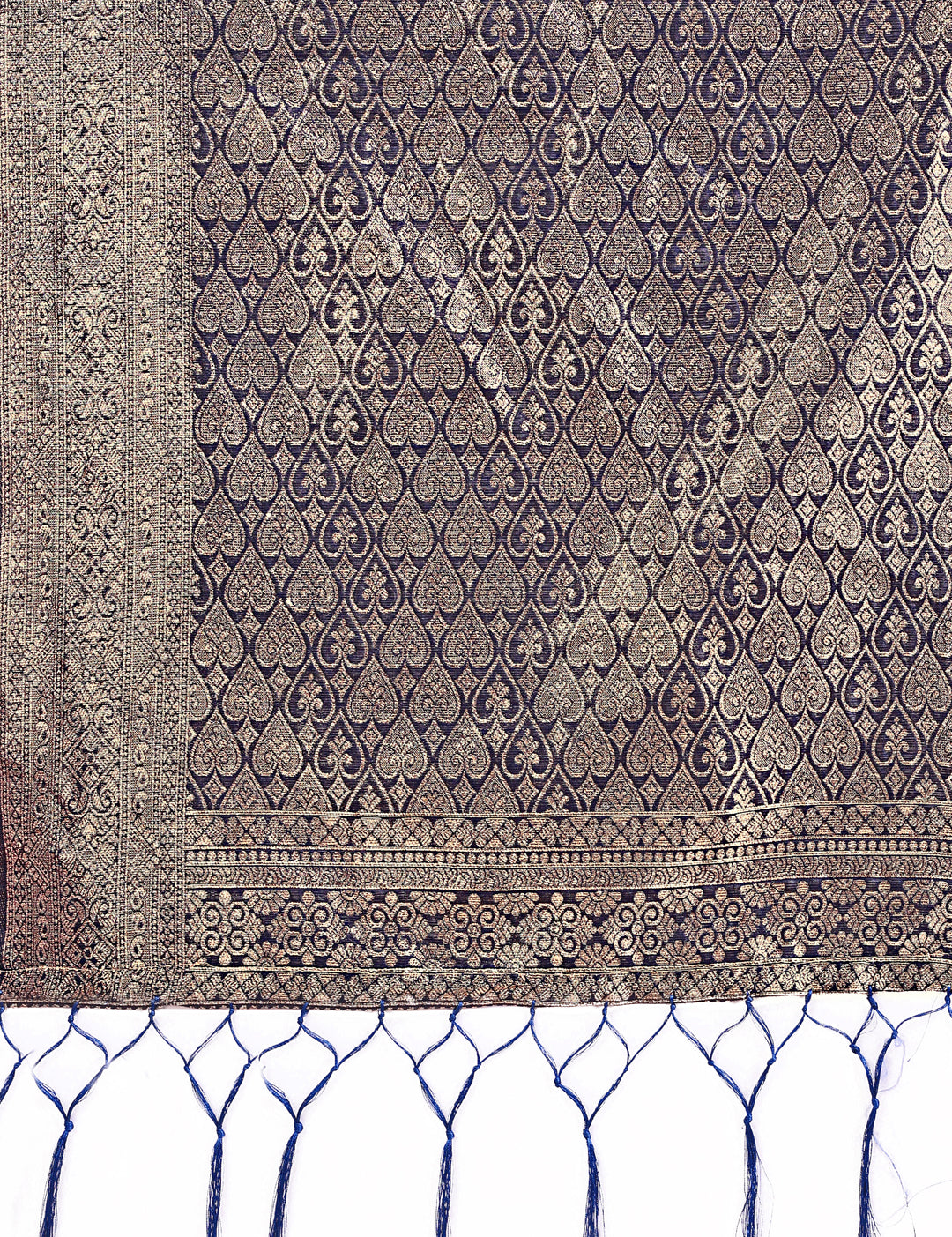 Shree Shyam Fashion Graceful Navy Blue Lichi Silk Saree with Contrast Blue Woven Border & Floral Zari Design - Wedding & Festive Wear | Grocsy