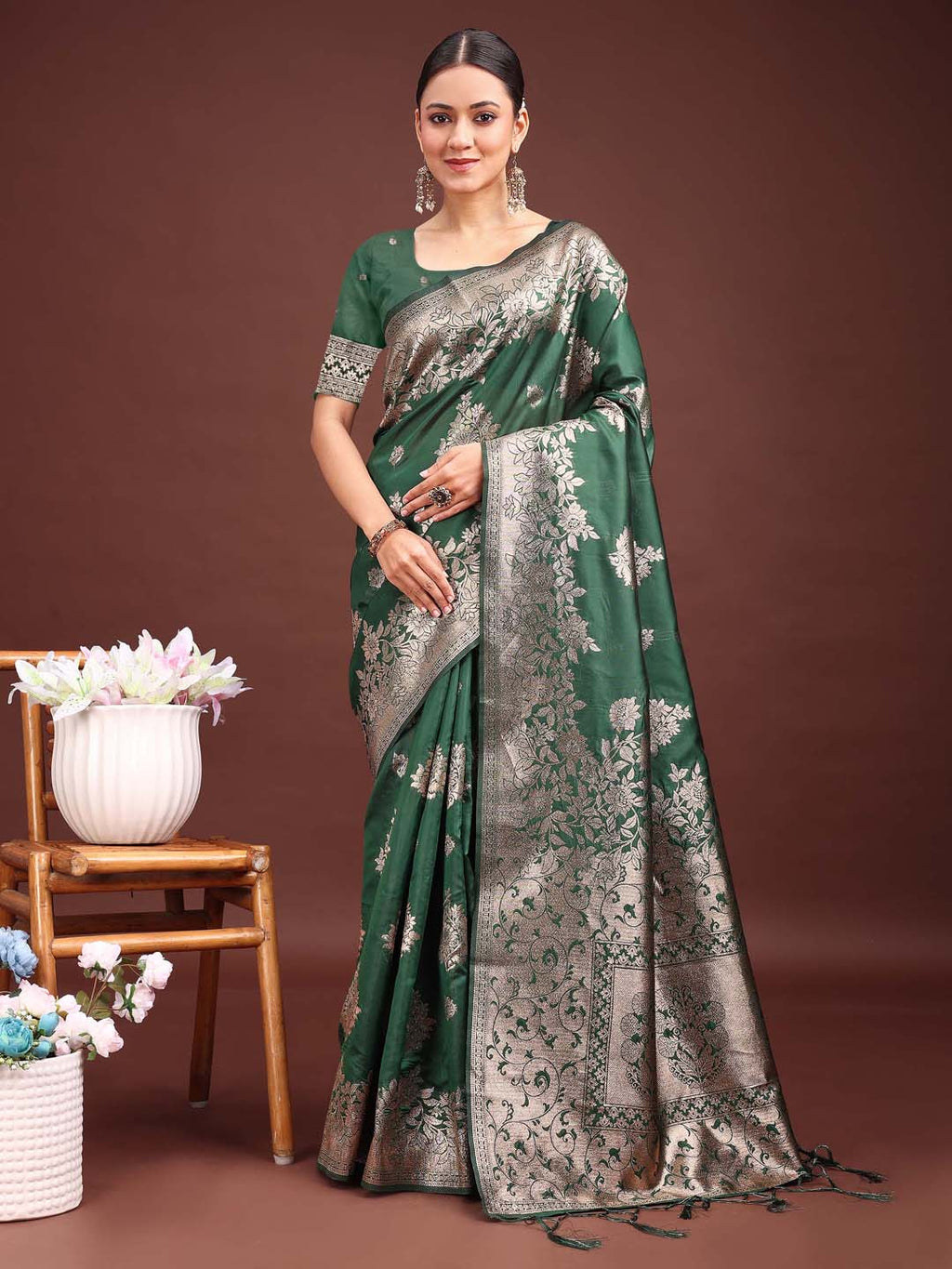 Shree Shyam Fashion Emerald Green Banarasi Silk Saree with Zari Floral Work - Elegance Woven in Every Thread | Grocsy