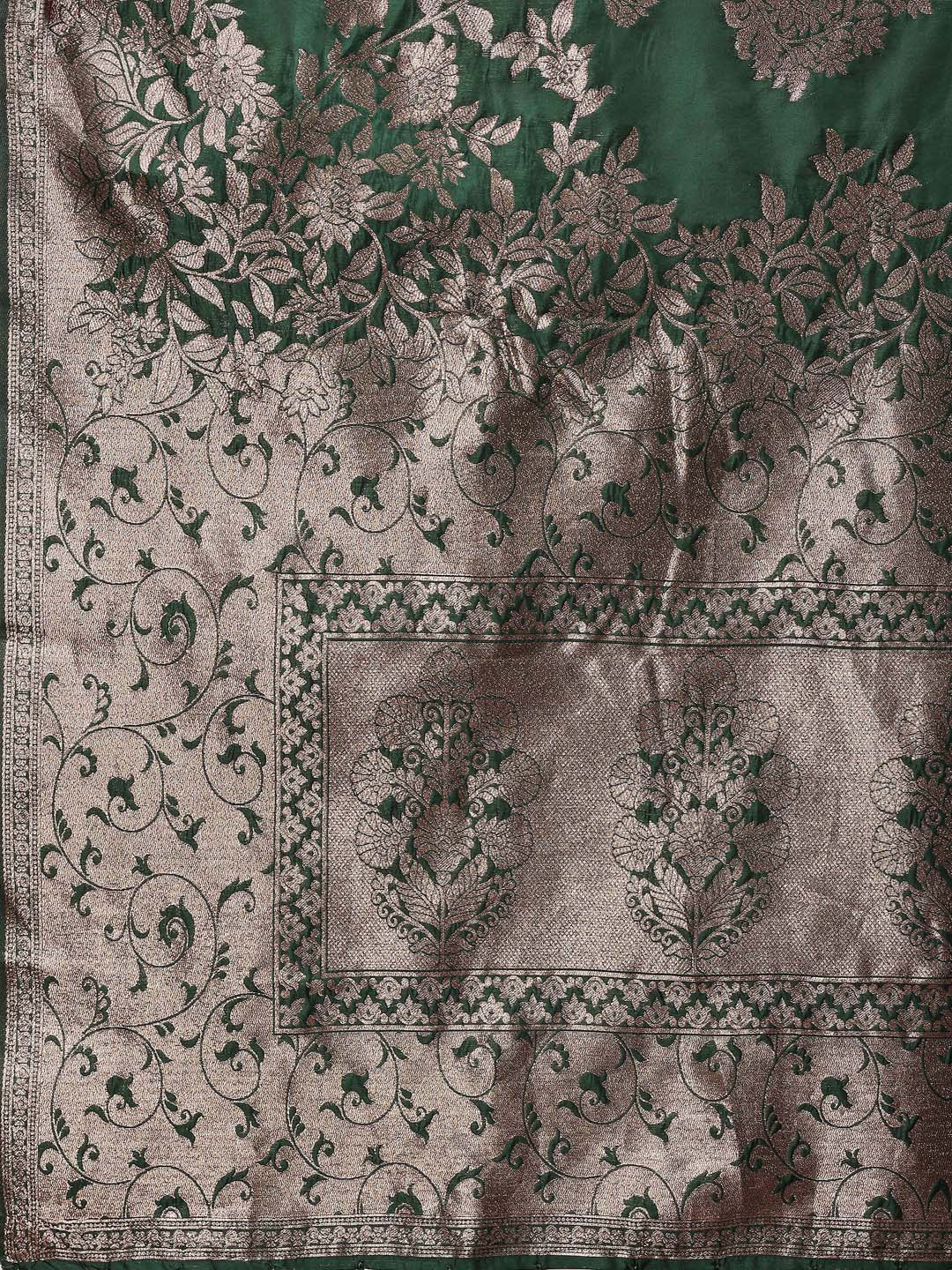 Shree Shyam Fashion Emerald Green Banarasi Silk Saree with Zari Floral Work - Elegance Woven in Every Thread | Grocsy