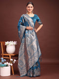 Shree Shyam Fashion Emerald Teal Green Banarasi Silk Saree with Zari Floral Work - Elegance Woven in Every Thread | Grocsy
