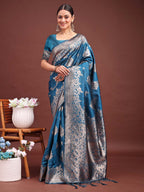Shree Shyam Fashion Emerald Teal Green Banarasi Silk Saree with Zari Floral Work - Elegance Woven in Every Thread | Grocsy